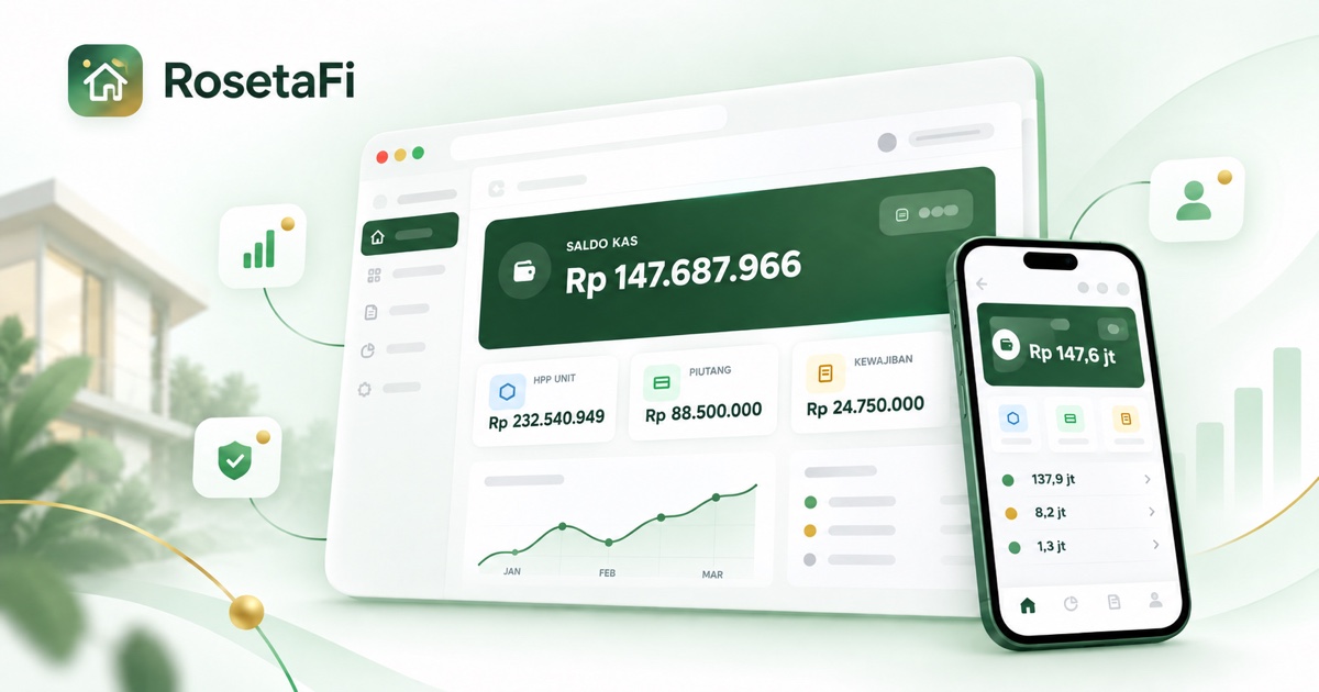 Dashboard RosetaFi dengan contoh saldo kas, HPP unit, piutang, dan kewajiban di desktop serta ponsel